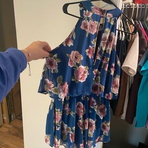 Altar'd State Navy Floral Halter Romper with Mauve Blooms